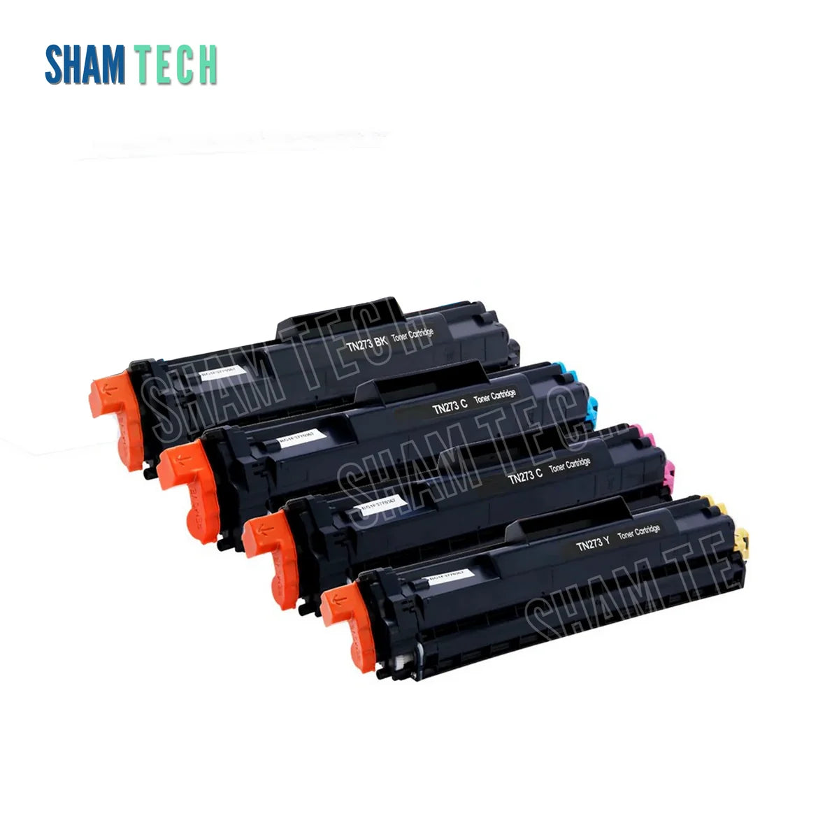 A set of four Brother TN-273 color laser toner cartridges is displayed horizontally in a stepped, diagonal arrangement without their box against a white background. Each cartridge features a black plastic housing with an orange protective cap on the left end. The "SHAM TECH" logo appears in the top-left corner, and a large translucent "SHAM TECH" watermark is overlaid diagonally across the center of the image.
