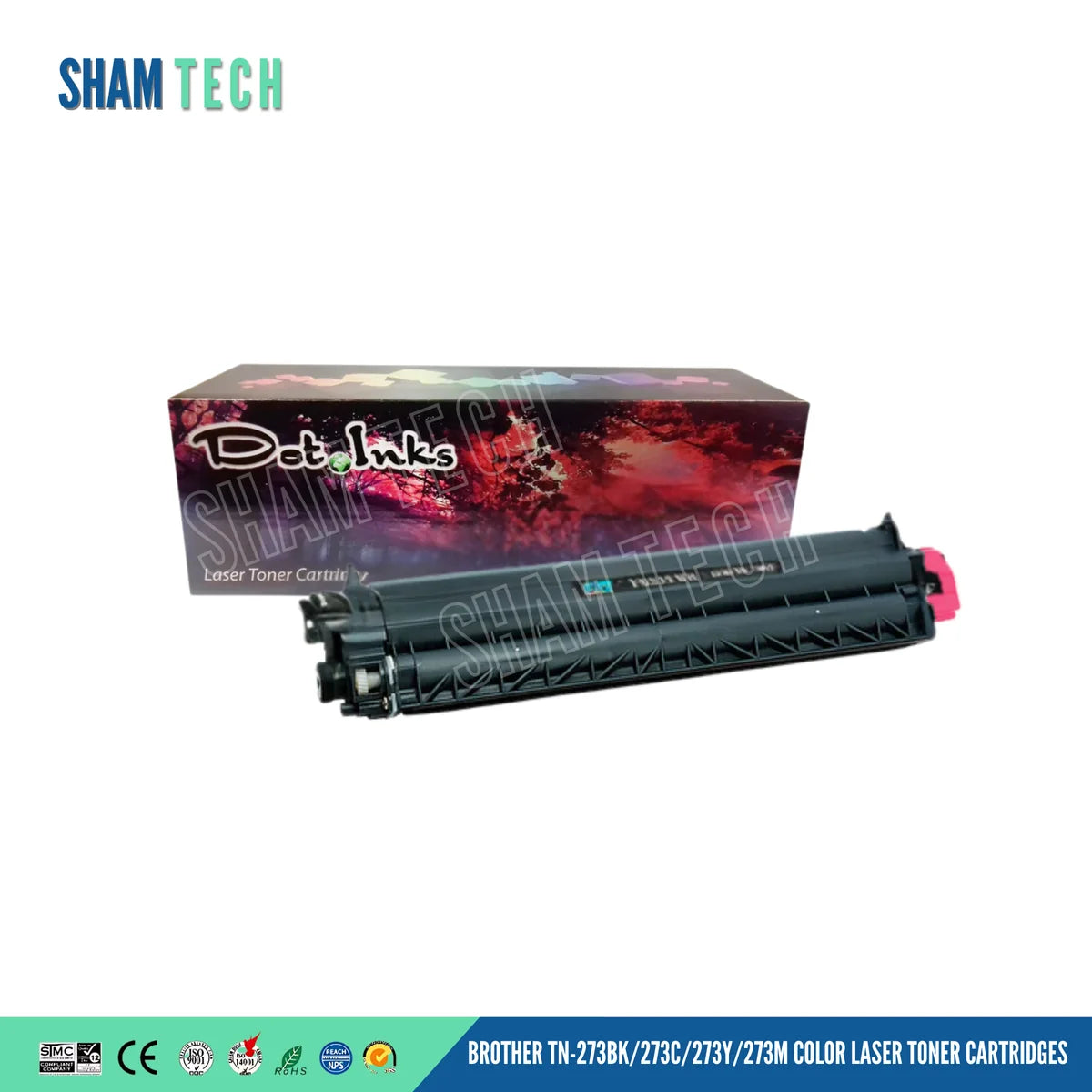 A black Brother TN-273 laser toner cartridge is displayed horizontally in front of its product box against a white background. The product box behind it features a colorful, abstract floral graphic design with the "Dot Inks" logo and the text "Laser Toner Cartridge". A large translucent "SHAM TECH" watermark is overlaid diagonally across the center, and a bottom banner displays various compliance and certification logos alongside the text "BROTHER TN-273BK/273C/273Y/273M COLOR LASER TONER CARTRIDGES".