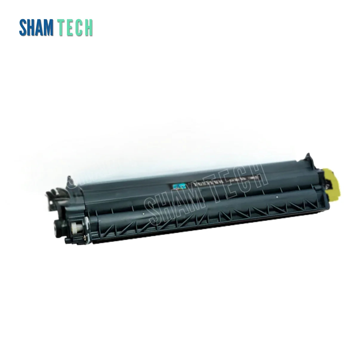 A black Brother TN-273 laser toner cartridge is displayed horizontally without its box against a plain white background, featuring a molded plastic housing with structural gears and a yellow end piece. The "SHAM TECH" logo appears in the top-left corner, and a large translucent "SHAM TECH" watermark is overlaid diagonally across the center of the image.