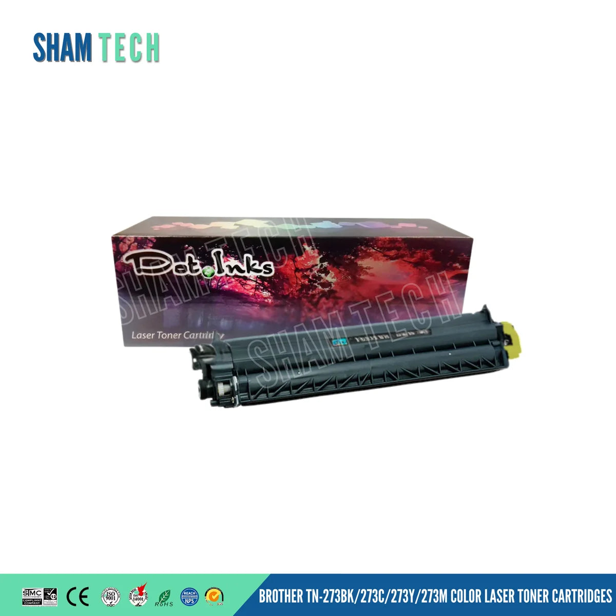 A black Brother TN-273 laser toner cartridge is displayed horizontally in front of its product box against a white background. The product box behind it features a colorful, abstract floral graphic design with the "Dot Inks" logo and the text "Laser Toner Cartridge". a large translucent "SHAM TECH" watermark is overlaid diagonally across the center, and a bottom banner displays various compliance and certification logos alongside the text "BROTHER TN-273BK/273C/273Y/273M COLOR LASER TONER CARTRIDGES".
