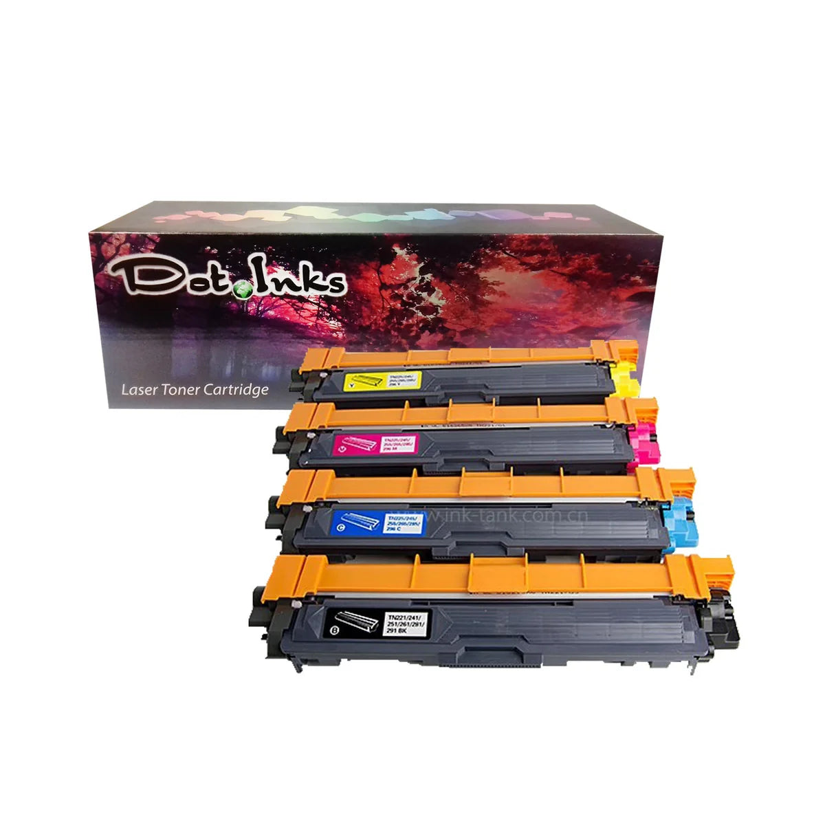 A set of four Brother laser toner cartridges (black, cyan, magenta, and yellow) is arranged horizontally in a stepped stack in front of their product box against a white background. Each black plastic cartridge features orange protective plastic clips and a color-coded label indicating its toner color. The product box behind them displays a vibrant, colorful abstract floral graphic with the "Dot Inks" logo and the text "Laser Toner Cartridge".