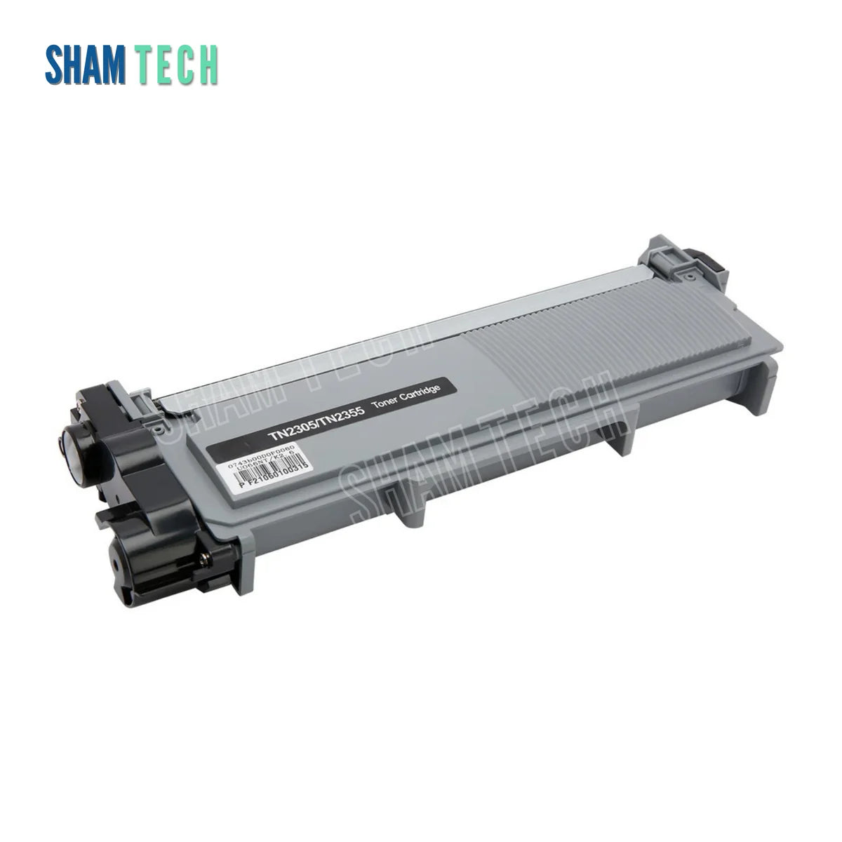 Brother TN2305/TN2355 Toner Cartridge without its box. In the foreground, an angled heavy-duty grey and black laser toner unit featuring structured plastic housing, gear assemblies, and a center label marked "TN2305/TN2355 Toner Cartridge" rests against a clean white background with a translucent diagonal SHAM TECH watermark overlay. Top-left features the mandatory SHAM TECH logo.