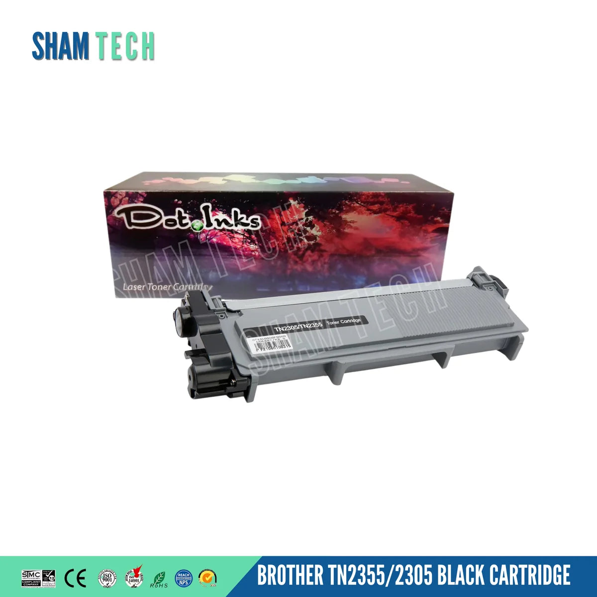 BROTHER TN2355/2305 BLACK CARTRIDGE. In the foreground, an angled heavy-duty grey and black laser toner unit featuring structured plastic housing and a center label marked "TN2305/TN2355 Toner Cartridge" rests before a retail box labeled "Dot Inks" against a white background with a translucent diagonal SHAM TECH watermark overlay. Bottom banner displays bold "BROTHER TN2355/2305 BLACK CARTRIDGE" typography alongside compliance and certification icons (SMC, CE, ISO 9001, ISO 14001, RoHS, REACH, NPS, SGS).
