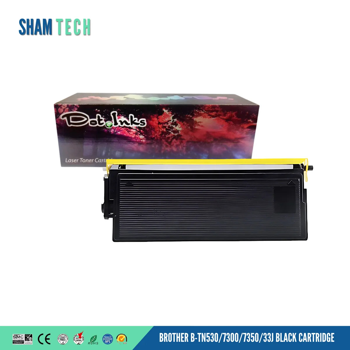 A BROTHER B-TN530/7300/7350/33J BLACK CARTRIDGE features a black Brother laser printer cartridge displayed horizontally in front of its product box against a white background. The unit features a ribbed black plastic casing with a yellow protective cap across the top. In the background, the retail product box displays a vibrant, colorful abstract floral graphic with the "Dot Inks" logo and the text "Laser Toner Cartr". and a bottom banner displays various compliance and certification logos