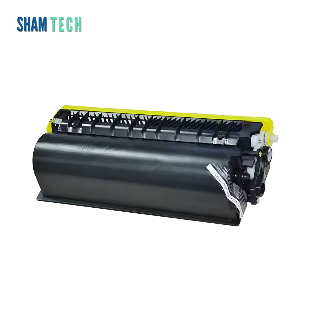 A black Brother laser printer cartridge is displayed horizontally without its box against a white background, featuring a rounded plastic body, a yellow protective cap across the top, and a warranty sticker on the side. The "SHAM TECH" logo appears in the top-left corner.