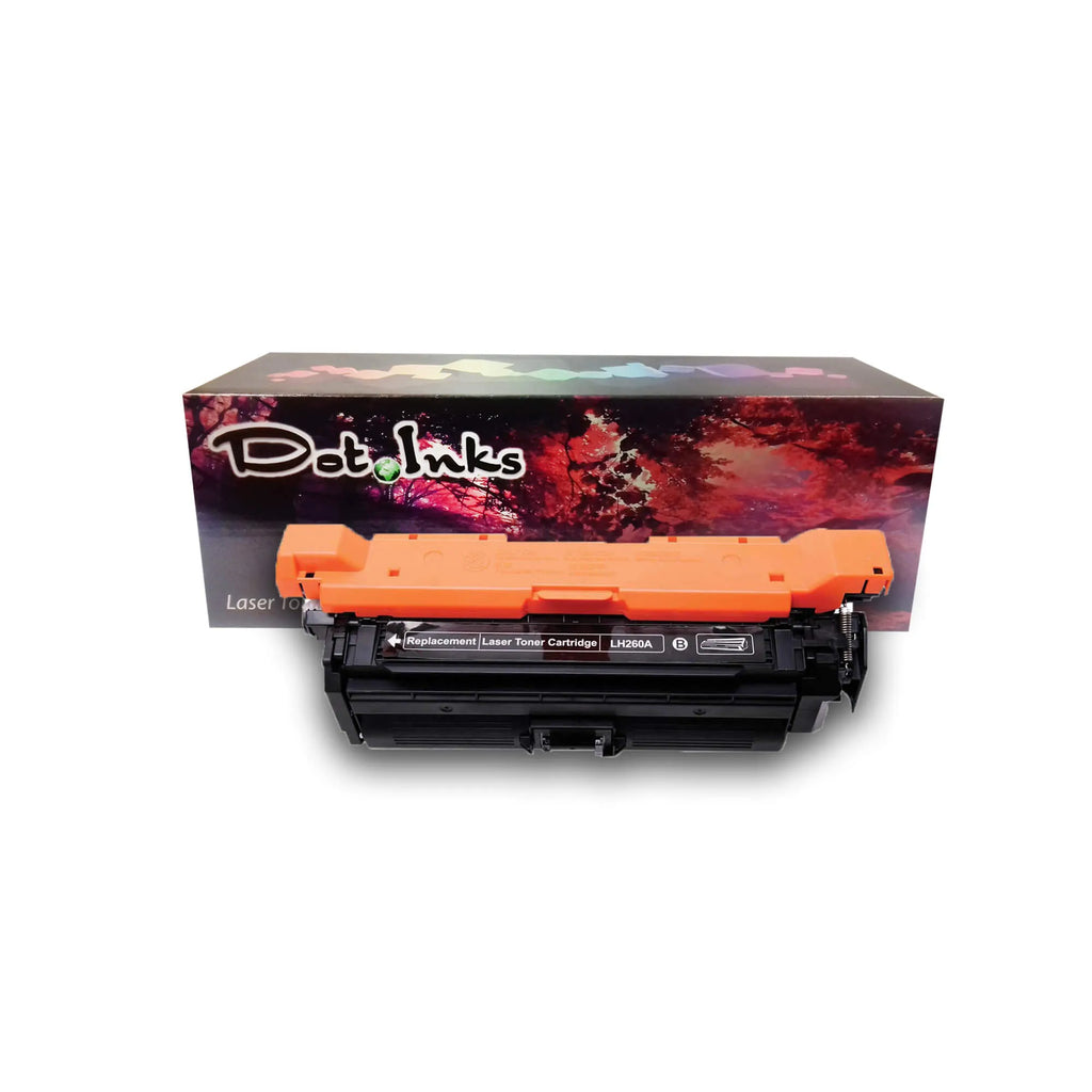 HP CE260 (LH260A) Replacement Laser Toner Cartridge. In the foreground, a black laser toner unit with structured housing, a bright orange protective top cover/shield, side gear/spring assemblies, and a black center label marked "Replacement | Laser Toner Cartridge | LH260A" with a black/white "B" badge rests before a "Dot Inks" branded retail packaging box on a white background with a soft drop shadow