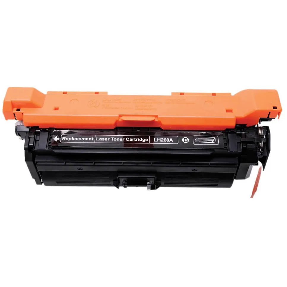 HP CE260A (LH260A) Replacement Laser Toner Cartridge without its box. Centered on a white background, the heavy-duty black laser toner unit features structured plastic housing, a bright orange protective top cover/shield with molded warning/handling symbols, side gear/spring assemblies, an exposed pull-tab/contact mechanism on the lower right, and a black center label marked "Replacement | Laser Toner Cartridge | LH260A" with a black/white "B" badge and a cartridge diagram icon