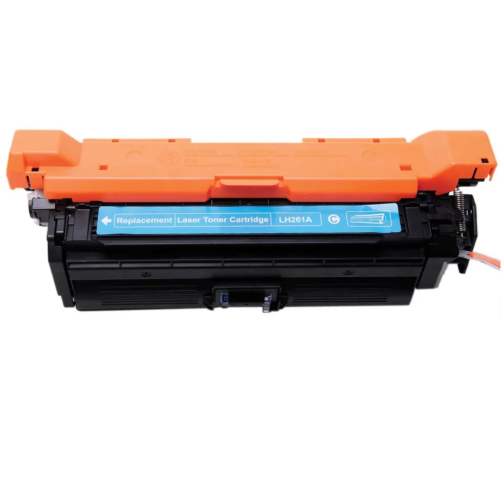 HP CE261A (LH261A) Cyan Replacement Laser Toner Cartridge without its box. Centred on a white background, the heavy-duty black laser toner unit features structured plastic housing, a bright orange protective top cover/shield with molded warning/handling symbols, side gear/spring assemblies, an exposed pull-tab/contact mechanism on the lower right, and a blue center label marked "Replacement | Laser Toner Cartridge | LH261A" with a cyan "C" badge and a cartridge diagram icon.