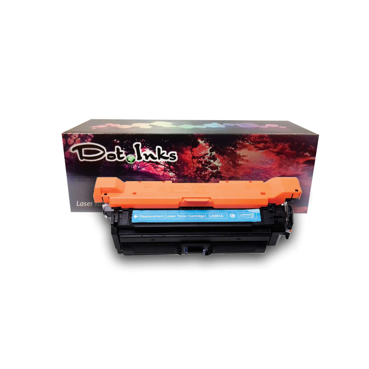 HP CE261 (LH261A) Cyan Replacement Laser Toner Cartridge. In the foreground, a black laser toner unit with structured housing, a bright orange protective top cover/shield, side gear/spring assemblies, and a blue center label marked "Replacement | Laser Toner Cartridge | LH261A" with a cyan "C" badge and a cartridge diagram icon rests before a "Dot Inks" branded retail packaging box on a white background with a soft drop shadow