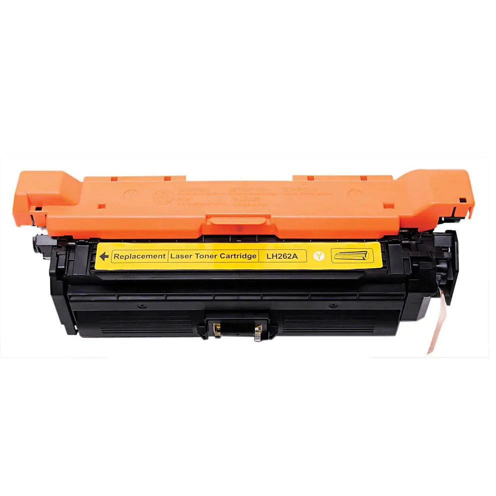 HP CE262A (LH262A) Yellow Replacement Laser Toner Cartridge without its box. Centered on a white background, the heavy-duty black laser toner unit features structured plastic housing, a bright orange protective top cover/shield with molded warning/handling symbols, side gear/spring assemblies, an exposed pull-tab/contact mechanism on the lower right, and a yellow center label marked "Replacement | Laser Toner Cartridge | LH262A" with a yellow "Y" badge and a cartridge diagram icon.