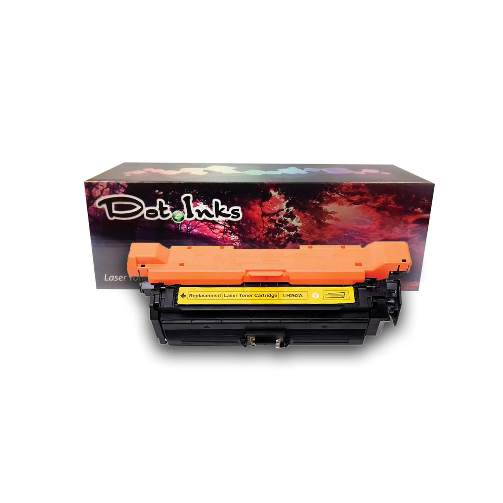 HP CE262 (LH262A) Yellow Replacement Laser Toner Cartridge. In the foreground, a black laser toner unit with structured housing, a bright orange protective top cover/shield, side gear/spring assemblies, and a yellow center label marked "Replacement | Laser Toner Cartridge | LH262A" with a yellow "Y" badge and a cartridge diagram icon rests before a "Dot Inks" branded retail packaging box on a white background with a soft drop shadow.