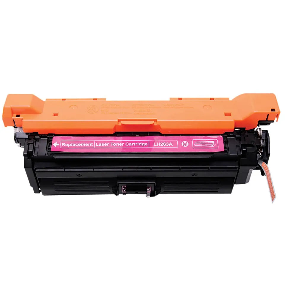 HP CE263A (LH263A) Magenta Replacement Laser Toner Cartridge without its box. Centered on a white background, the heavy-duty black laser toner unit features structured plastic housing, a bright orange protective top cover/shield with molded warning/handling symbols, side gear/spring assemblies, an exposed pull-tab/contact mechanism on the lower right, and a magenta center label marked "Replacement | Laser Toner Cartridge | LH263A" with a magenta "M" badge and a cartridge diagram icon.