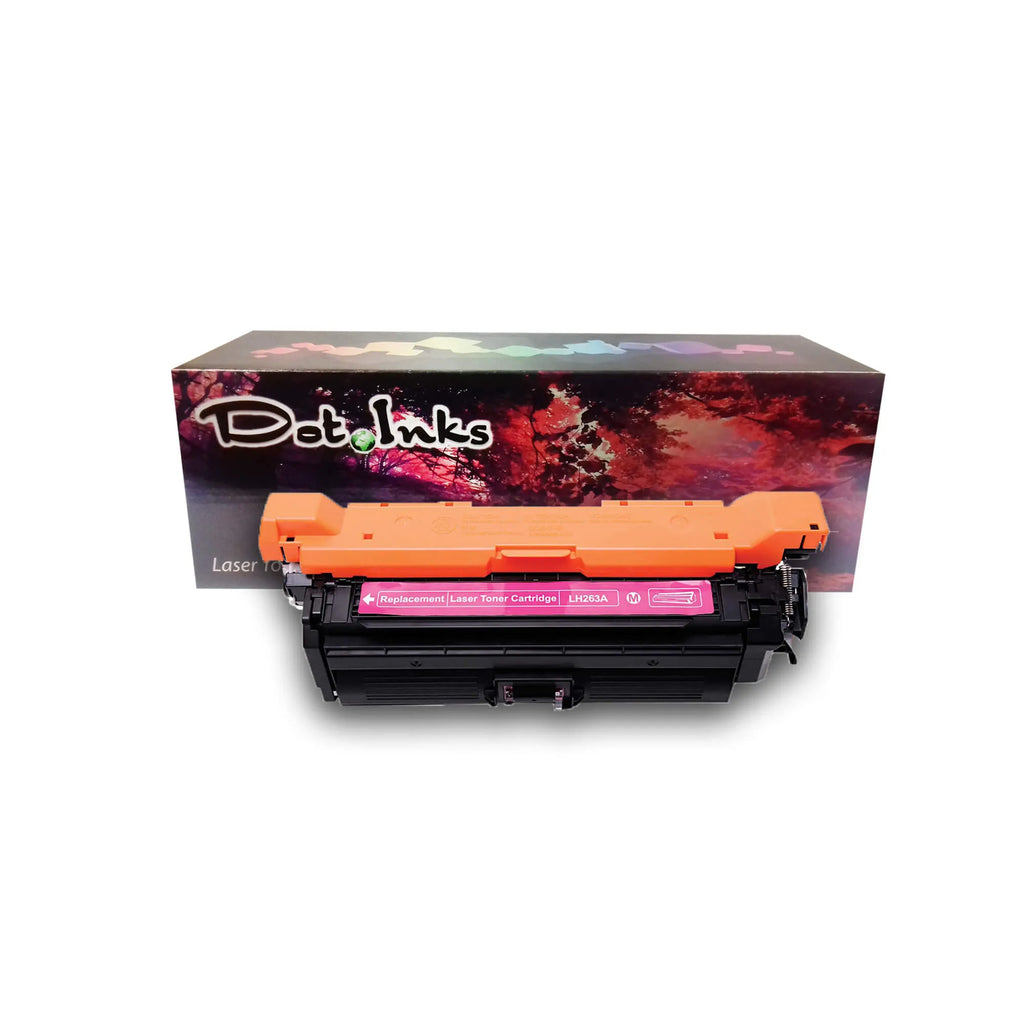 HP CE263 (LH263A) Magenta Replacement Laser Toner Cartridge. In the foreground, a black laser toner unit with structured housing, a bright orange protective top cover/shield, side gear/spring assemblies, and a magenta center label marked "Replacement | Laser Toner Cartridge | LH263A" with a magenta "M" badge and a cartridge diagram icon rests before a "Dot Inks" branded retail packaging box on a white background with a soft drop shadow.