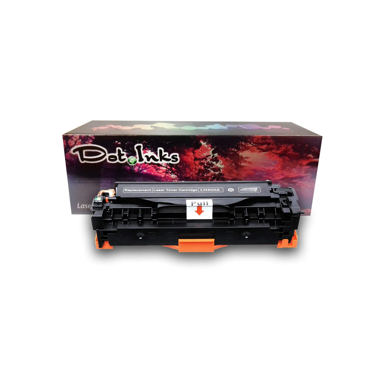 HP 201A CF400/401/402/403A/CRG045 Color Laser Toner Cartridges. In the foreground against a clean white background, a black laser toner unit featuring structured plastic housing, orange protective covers, and a white pull-tab label marked "Replacement Laser Toner Cartridge LH400A" rests in front of a matching Dot Inks brand retail box featuring an autumn tree canopy and reddish landscape design.