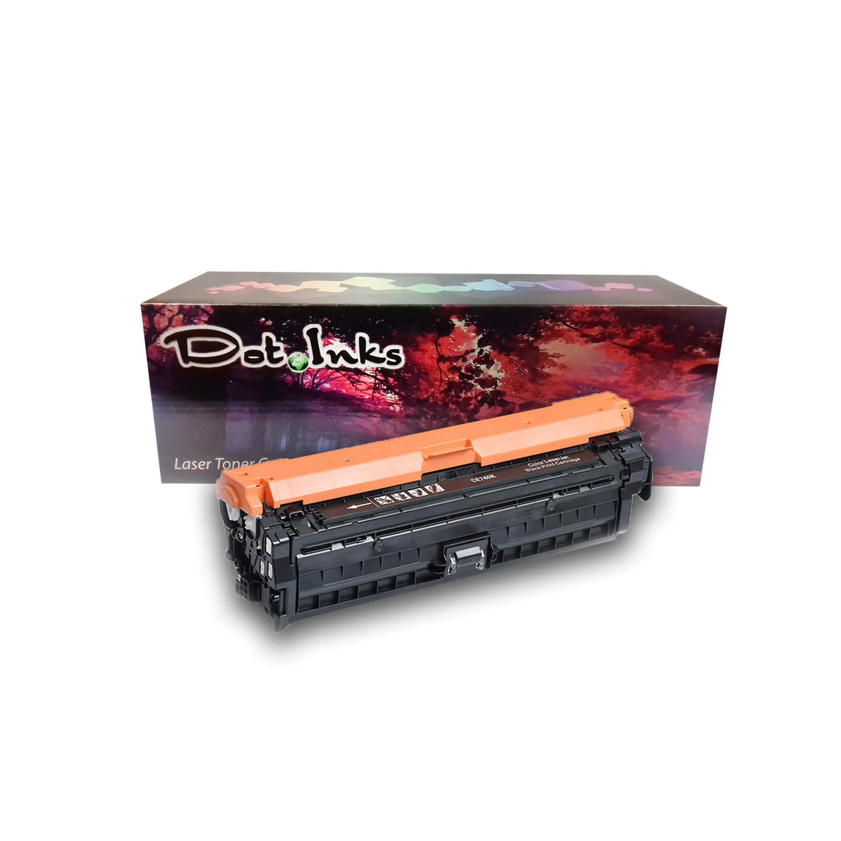 HP CE740A Black Replacement Color LaserJet Print Cartridge. In the foreground, an angled heavy-duty black laser toner unit with structured housing, a bright orange protective top cover/shield, side gear/spring assemblies, and a dark center label marked "CE740K | Color LaserJet Black Print Cartridge" with directional arrow icons rests before a "Dot Inks" branded retail packaging box on a white background with a soft drop shadow.
