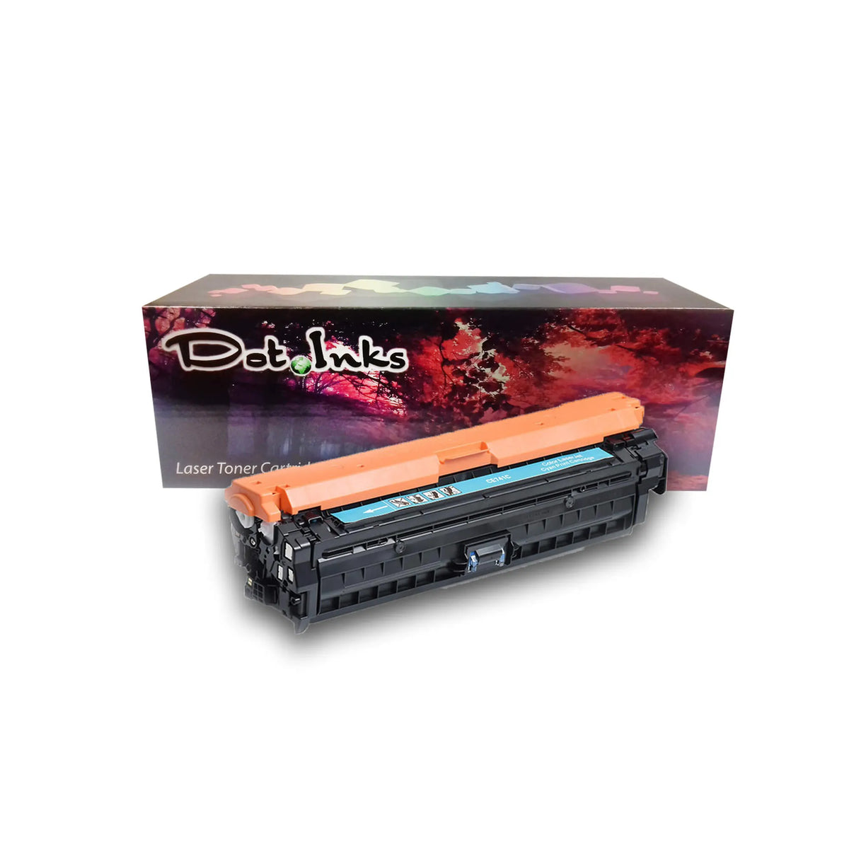 HP CE741A Cyan Replacement Color LaserJet Print Cartridge. In the foreground, an angled heavy-duty black laser toner unit with structured housing, a bright orange protective top cover/shield, side gear/spring assemblies, and a cyan center label marked "CE741C | Color LaserJet Cyan Print Cartridge" with directional arrow icons rests before a "Dot Inks" branded retail packaging box on a white background with a soft drop shadow.