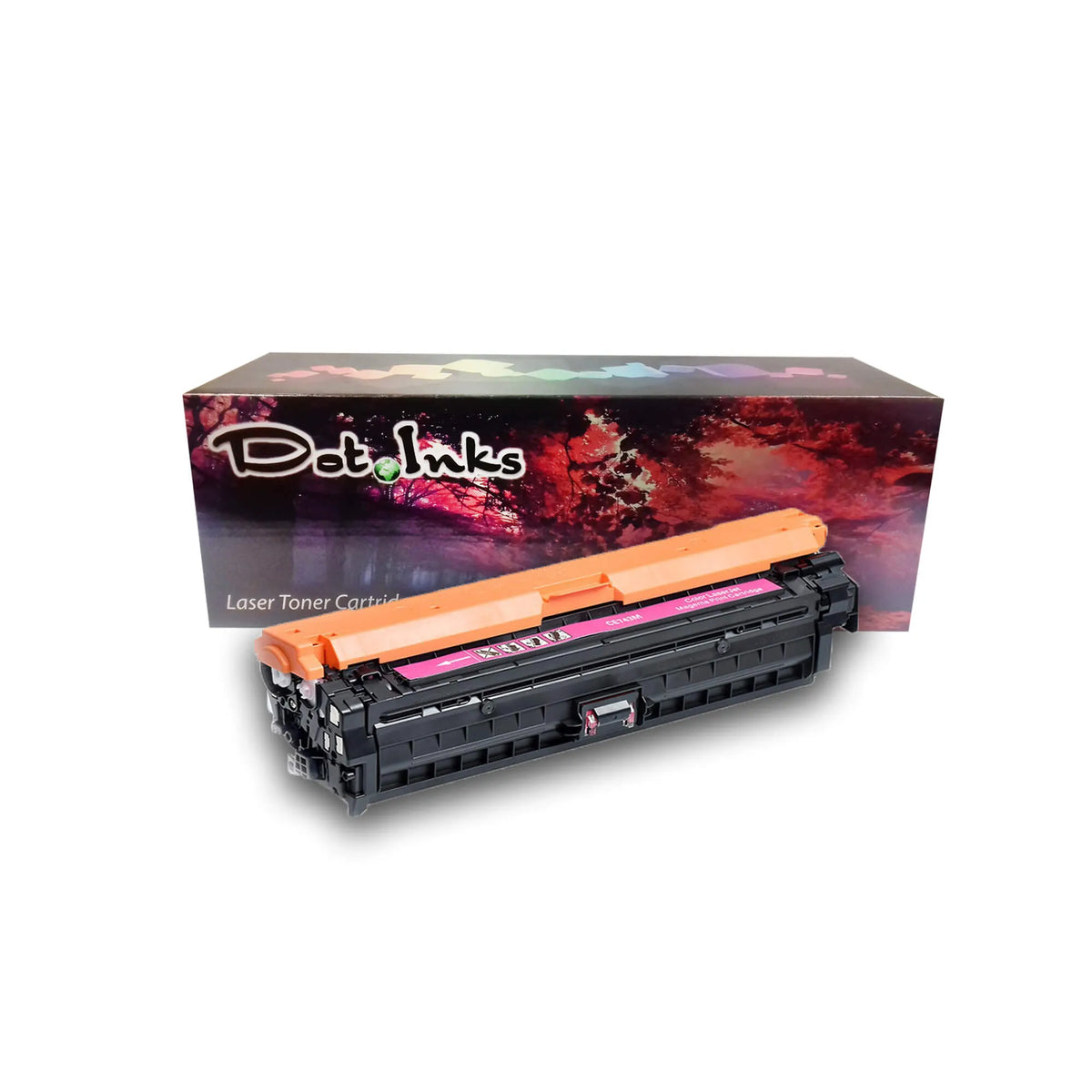 HP CE743A Magenta Replacement Color LaserJet Print Cartridge . In the foreground, an angled heavy-duty black laser toner unit with structured housing, a bright orange protective top cover/shield, side gear/spring assemblies, and a magenta center label marked "CE743M | Color LaserJet Magenta Print Cartridge" with directional arrow icons rests before a "Dot Inks" branded retail packaging box on a white background with a soft drop shadow.
