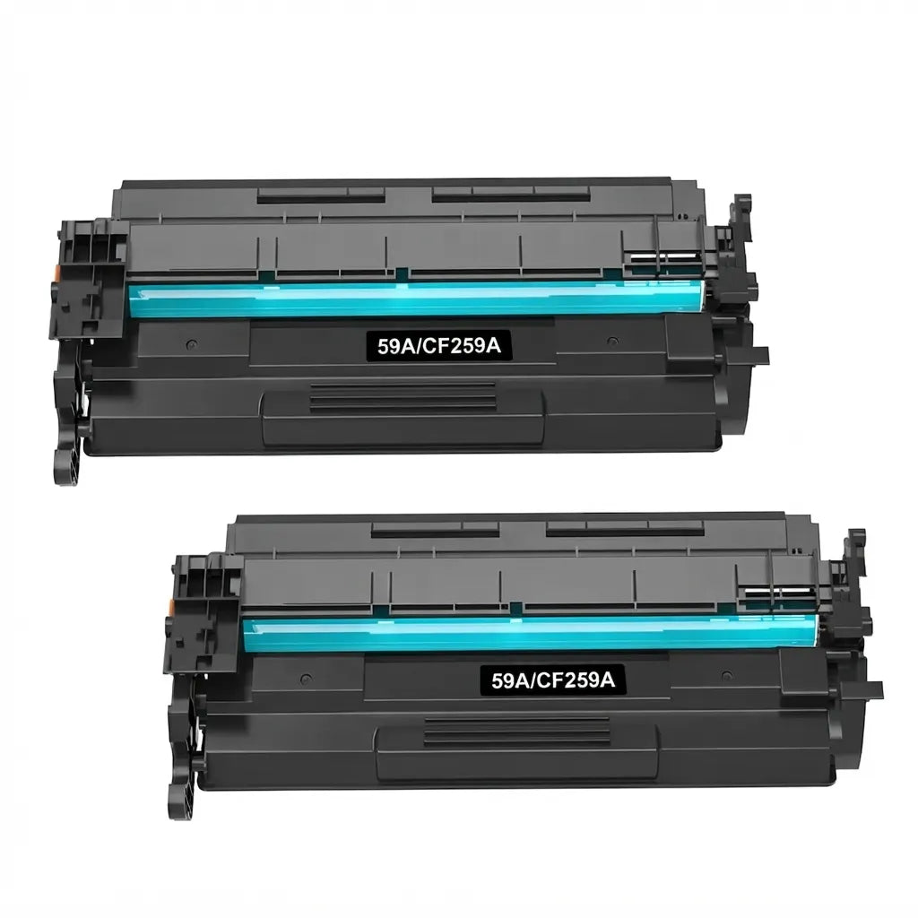 A standalone vertical pair of two HP 59A/CF259A black laser toner cartridges without their boxes against a clean white background. Each unit features a durable structured black plastic housing, an exposed cyan OPC drum cylinder, side gear/contact assemblies, an integrated central handle, and a dark central label displaying "59A/CF259A".