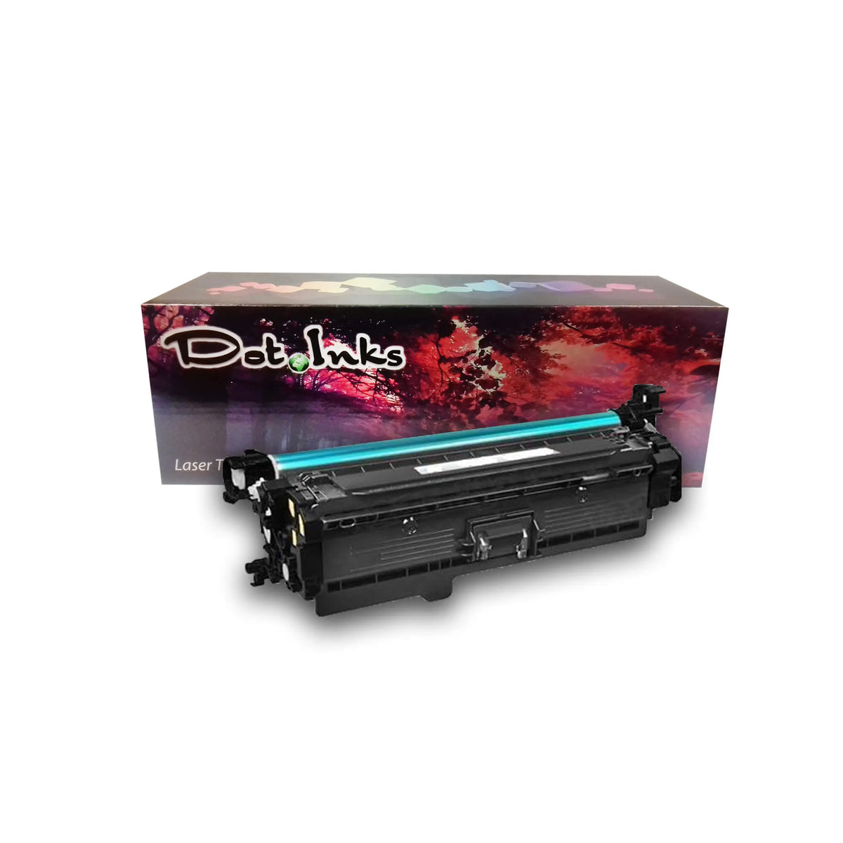 HP CF360 laser toner cartridge features a black laser toner unit with an exposed cyan OPC drum cylinder, positioned horizontally in front of a "Dot Inks" retail box against a white background with a drop shadow. The unit features a durable black plastic housing, gear/contact side assemblies, and a central locking/handling latch. 