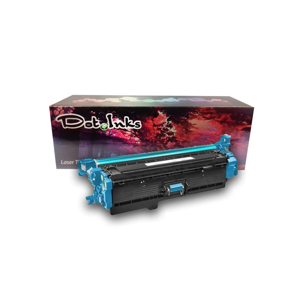 HP CF361 laser toner cartridge features a black laser toner unit with vibrant cyan end caps/gear assemblies and an exposed cyan OPC drum cylinder, positioned horizontally in front of a "Dot Inks" retail box against a white background with a drop shadow. The unit features durable black plastic housing, precision gear/contact assemblies on both ends, and a central locking/handling latch.