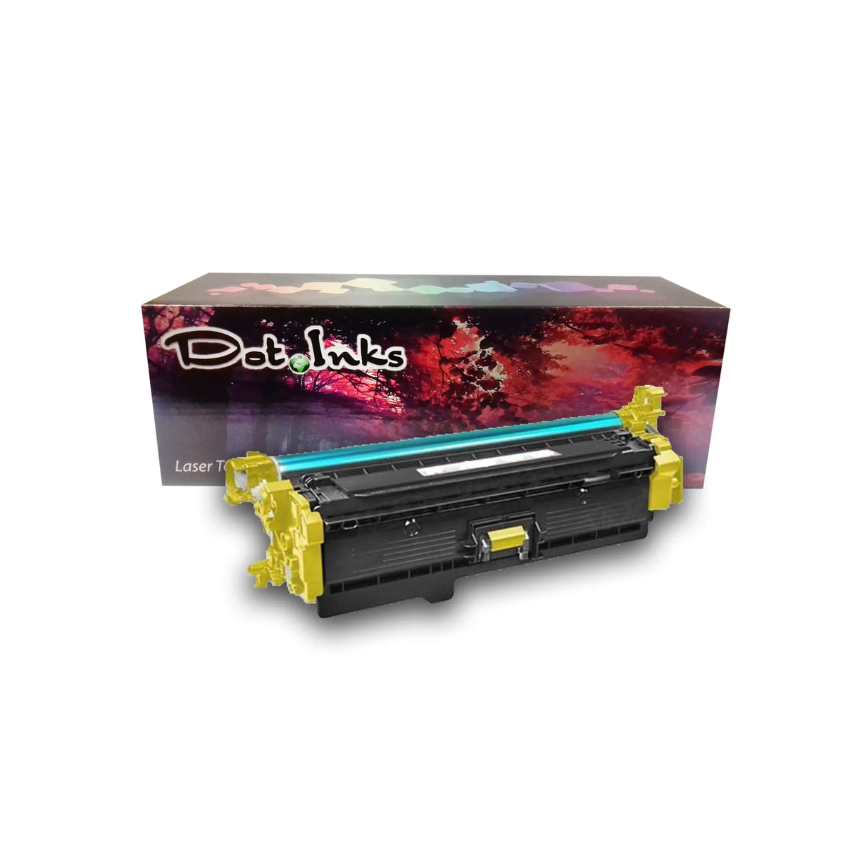 HP CF362 laser toner cartridge features a black laser toner unit with vibrant yellow end caps/gear assemblies and an exposed cyan OPC drum cylinder, positioned horizontally in front of a "Dot Inks" retail box against a white background with a drop shadow. The unit features durable black plastic housing, precision gear/contact assemblies on both ends, and a central locking/handling latch.