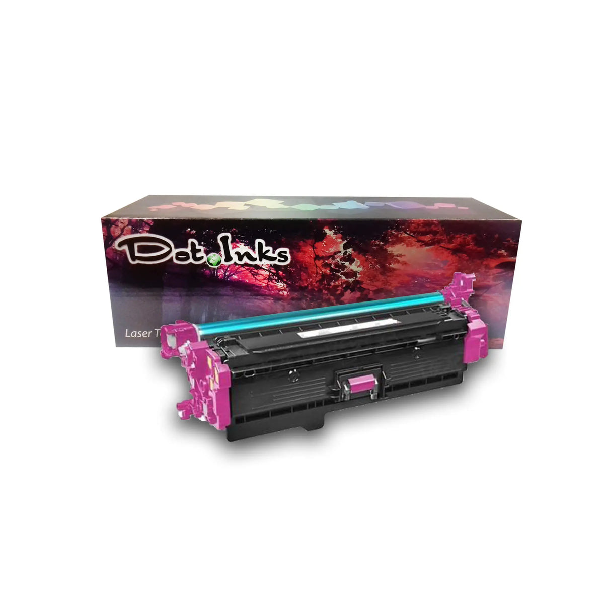 HP CF363 laser toner cartridge features a black laser toner unit with vibrant magenta end caps/gear assemblies, matching central latch accent, and an exposed cyan OPC drum cylinder, positioned horizontally in front of a "Dot Inks" retail box against a white background with a drop shadow. The unit features durable black plastic housing and precision gear/contact assemblies on both ends.