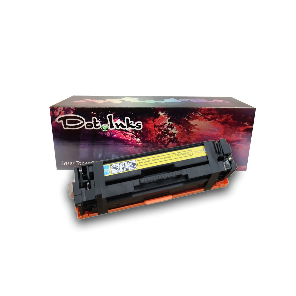 HP 201A CF400/401/402/403A/CRG045 Color Laser Toner Cartridges. In the foreground against a clean white background, a yellow laser toner unit featuring structured plastic housing, an orange protective base cover, and a yellow-labeled section rests in front of a matching Dot Inks brand retail box featuring an autumn tree canopy and reddish landscape design.