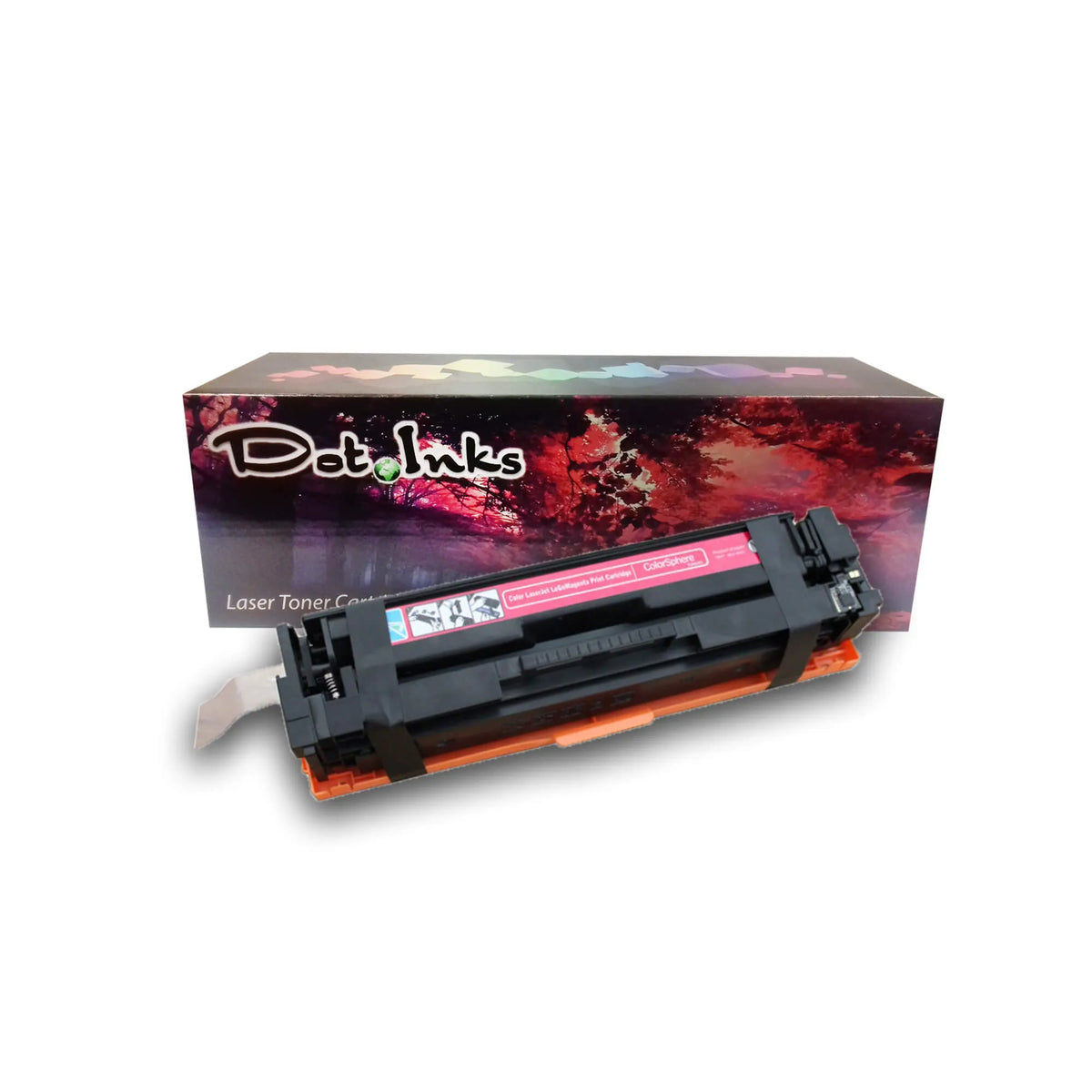 HP 201A CF400/401/402/403A/CRG045 Color Laser Toner Cartridges. In the foreground against a clean white background, a magenta laser toner unit featuring structured plastic housing, an orange protective base cover, and a magenta-labeled section rests in front of a matching Dot Inks brand retail box featuring an autumn tree canopy and reddish landscape design.