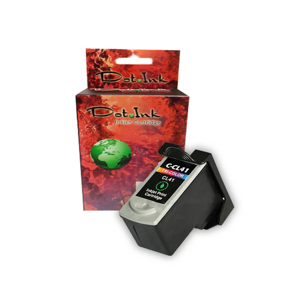 Canon CL-41 Tri-Color Inkjet Print Cartridge. In the foreground, an angled compact color ink cartridge features a light grey top housing, a black body, and a label displaying "C-CL41", a color spectrum bar, "TRI-COLOR", "CL41", a green globe icon, and "Inkjet Print Cartridge". It rests against a clean white background in front of a matching Dot Ink brand retail box featuring an autumn tree canopy background and a green globe graphic.