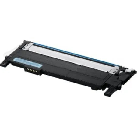 A standalone cyan Samsung CLT-C406 laser toner cartridge is displayed diagonally without its box against a white background, featuring a black plastic housing with a metallic roller assembly along the front, a blue color label, and gold-plated contact pins on the side. A diagonal translucent "SHAM TECH" watermark is overlaid across the image.