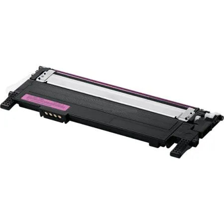 A standalone magenta Samsung CLT-M406 laser toner cartridge is displayed diagonally without its box against a white background, featuring a black plastic housing with a metallic roller assembly along the front, a magenta color label, and gold-plated contact pins on the side. A diagonal translucent "SHAM TECH" watermark is overlaid across the image.