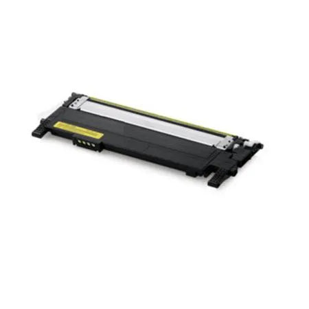 A standalone yellow Samsung CLT-Y406 laser toner cartridge is displayed diagonally without its box against a white background, featuring a black plastic housing with a metallic roller assembly along the front, a yellow color label, and gold-plated contact pins on the side. A diagonal translucent "SHAM TECH" watermark is overlaid across the image.
