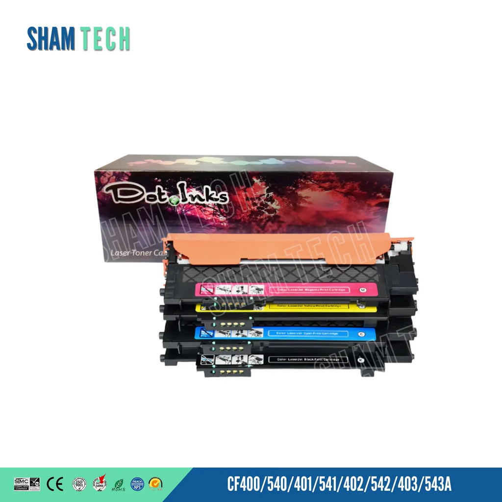 A complete set of four Dot Inks color laser toner cartridges stacked vertically in front of their retail packaging box. The cartridges are arranged in order from top to bottom: Magenta, Yellow, Cyan, and Black, each featuring a black body casing, bright color-coded label strips with installation diagrams, and orange protective covers. The retail box in the background shows the Dot Inks logo against a red-and-purple forest graphic. The SHAM TECH brand logo appears in the top-left corner.