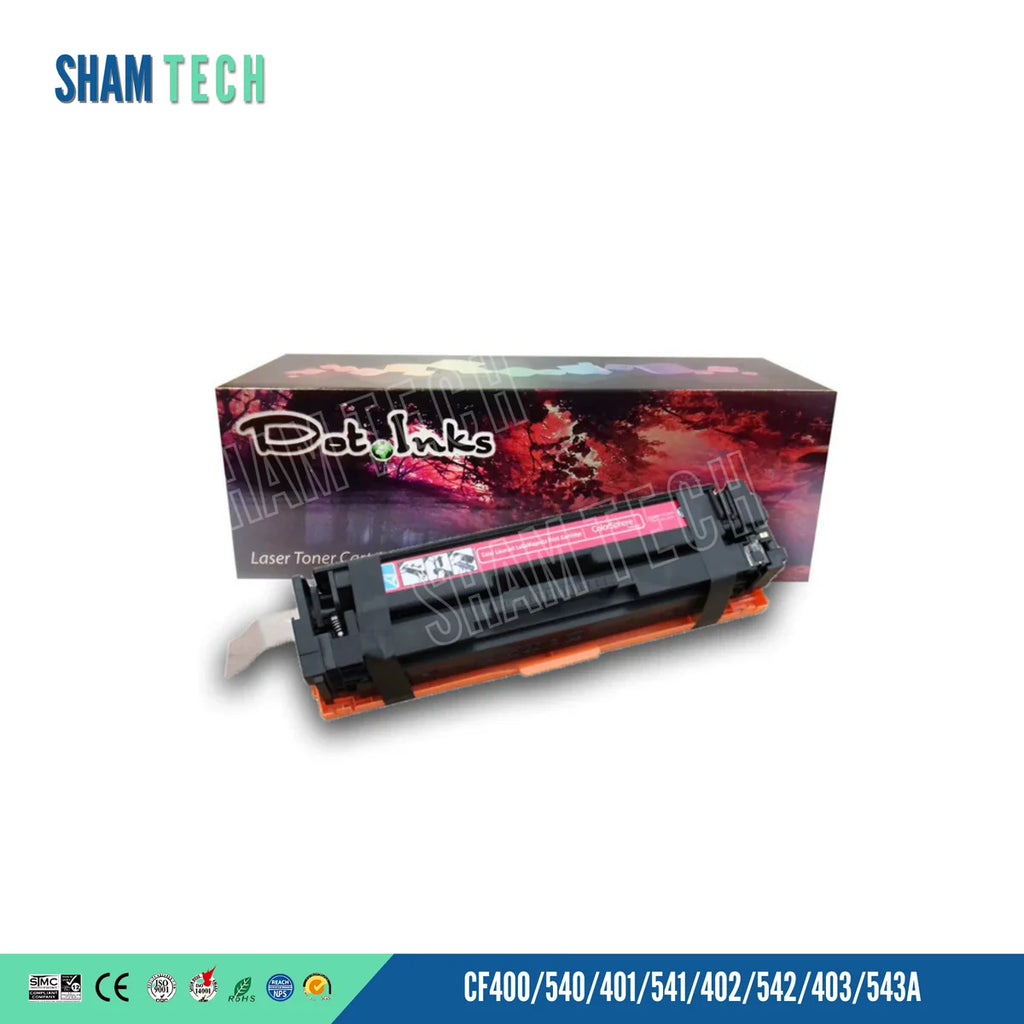 HP CRG054 / CRG045 Compatible Color Toner Cartridges – CF400A / CF540A Series magenta laser toner cartridge set against its retail packaging box. The cartridge has a black casing with an orange protective bottom cover and a magenta color-indicator strip on top. The packaging box behind it shows the "Dot Inks" logo above a red-and-purple forest scene. In the top-left corner is a "SHAM TECH" brand logo, and along the bottom bar, model numbers CF400/540/401/541/402/542/403/543A are printed alongside.