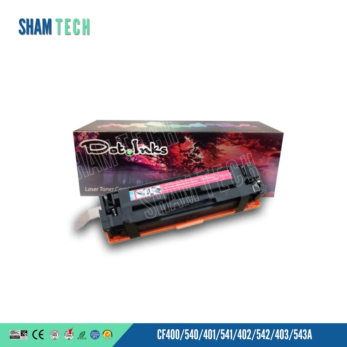 HP CRG054 / CRG045 Compatible Color Toner Cartridges – CF400A / CF540A Series magenta laser toner cartridge set against its retail packaging box. The cartridge has a black casing with an orange protective bottom cover and a magenta color-indicator strip on top. The packaging box behind it shows the "Dot Inks" logo above a red-and-purple forest scene. In the top-left corner is a "SHAM TECH" brand logo, and along the bottom bar, model numbers CF400/540/401/541/402/542/403/543A are printed alongside.