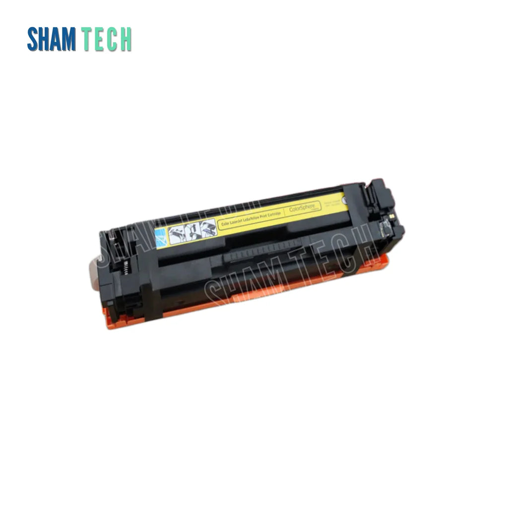 HP CRG054/CRG045 Color Toner Cartridge CF400/540/401/541/402/542/403/543A yellow laser toner cartridge without its box set against a white background. The cartridge consists of a black plastic casing with an orange protective strip along its lower edge and a yellow color-indicator label across the top. The "SHAM TECH" logo appears in the upper-left corner and is also semi-transparently watermarked across the product.