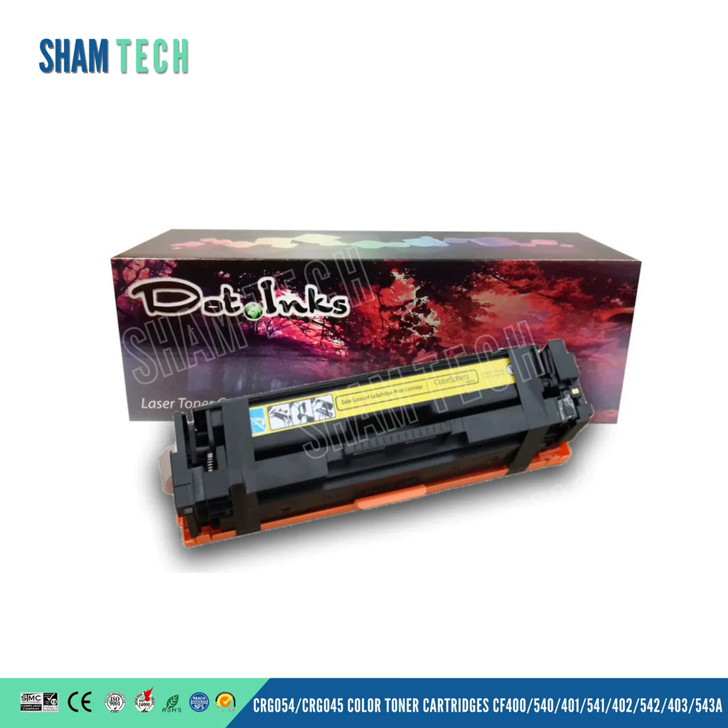 CRG054_CRG,CF402/542 yellow laser toner cartridge positioned in front of its retail packaging box. The cartridge consists of a black casing with an orange protective bottom cover and a yellow color-indicator strip on top. The packaging box displays the "Dot Inks" logo set against a red-and-purple forest scene. The "SHAM TECH" logo appears in the top-left corner, with a semi-transparent watermark across the image. Along the bottom bar,model text identifies it as CRG054/CRG045 COLOR TONER CARTRIDGES CF402/542