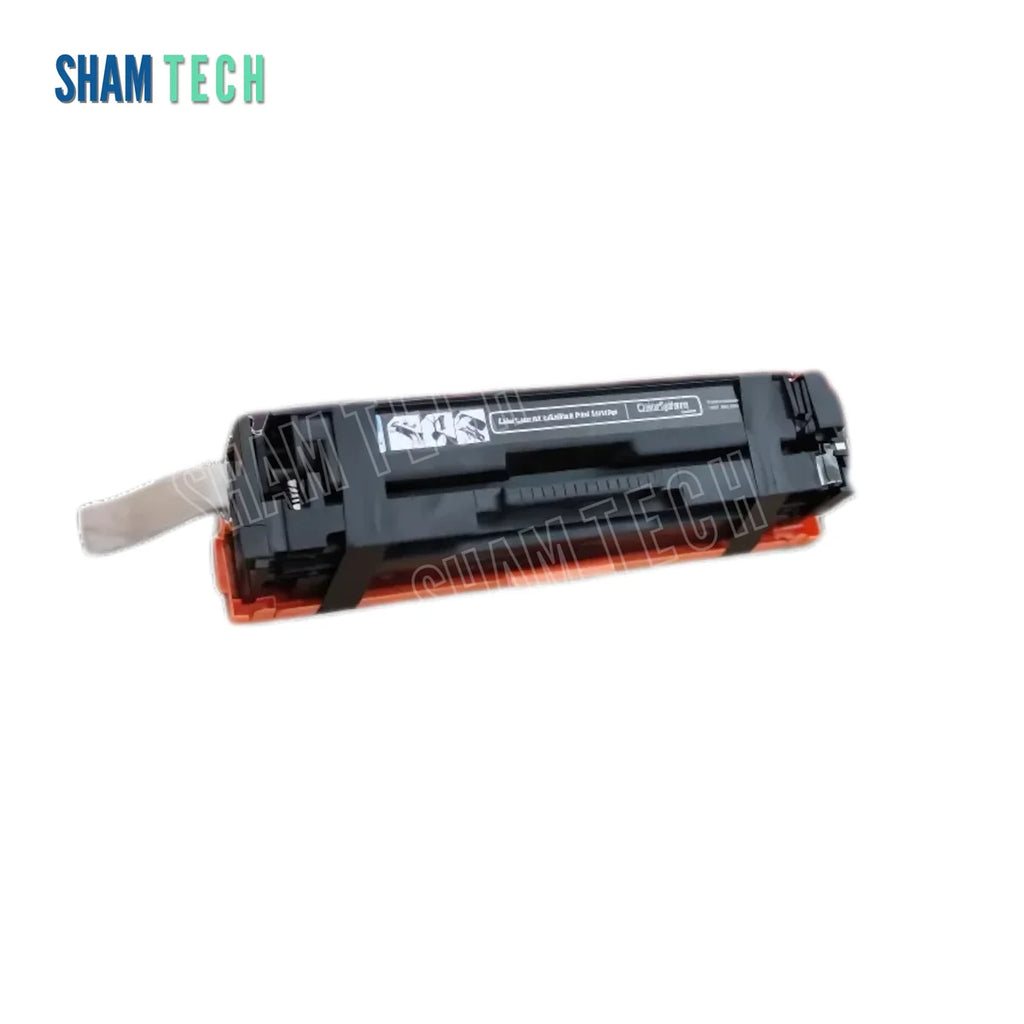 HP CRG054/CRG045 Color Toner Cartridges CF400A/540A without its box
set against a plain white background. The cartridge features a dark plastic housing with an orange protective guard strip along its bottom edge, a pull-tab seal sticking out from the left end, and a black-and-white label across the top showing installation diagrams. The "SHAM TECH" logo is visible in the upper-left corner and is also semi-transparently watermarked across the product.