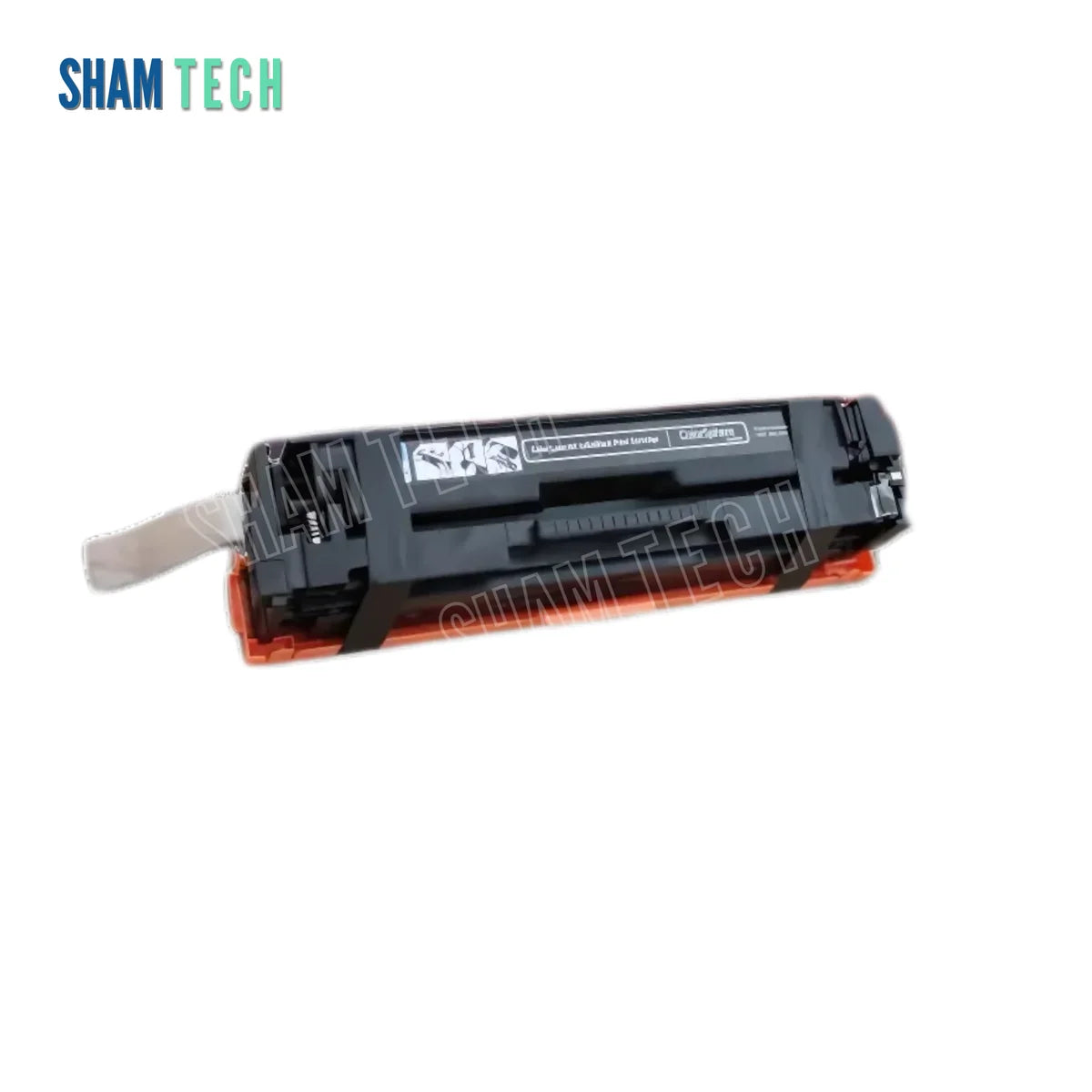 HP CRG054/CRG045 Color Toner Cartridges CF400A/540A without its box
set against a plain white background. The cartridge features a dark plastic housing with an orange protective guard strip along its bottom edge, a pull-tab seal sticking out from the left end, and a black-and-white label across the top showing installation diagrams. The "SHAM TECH" logo is visible in the upper-left corner and is also semi-transparently watermarked across the product.