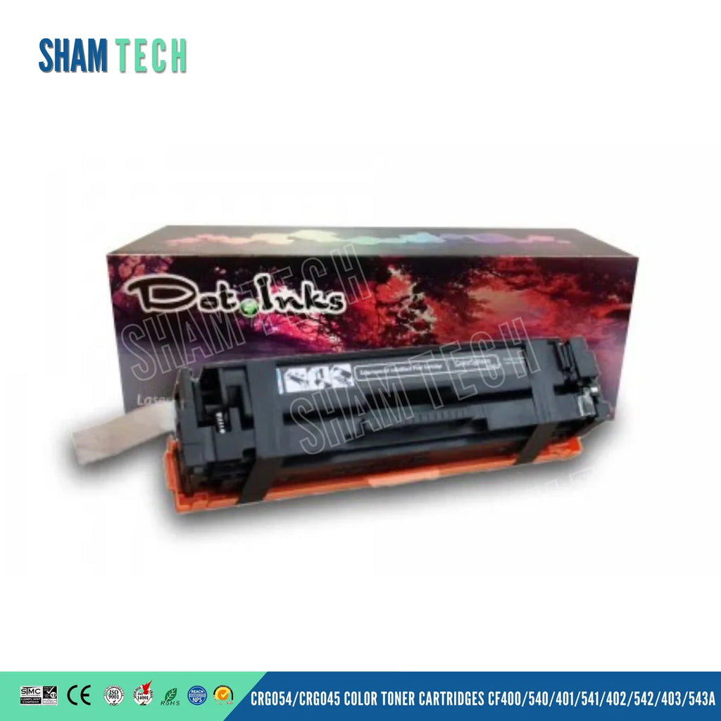 CRG054_CRG045,  400A_540A
toner cartridge positioned in front of its retail packaging box. The cartridge has a black housing with an orange protective guard strip along its bottom edge, a pull-tab seal sticking out from the left side, and an instructional label across the top. The retail box displays the Dot Inks logo set against a red-and-purple autumn forest graphic. In the upper-left corner is a "SHAM TECH" logo, with a matching semi-transparent watermark overlaid across the image.
