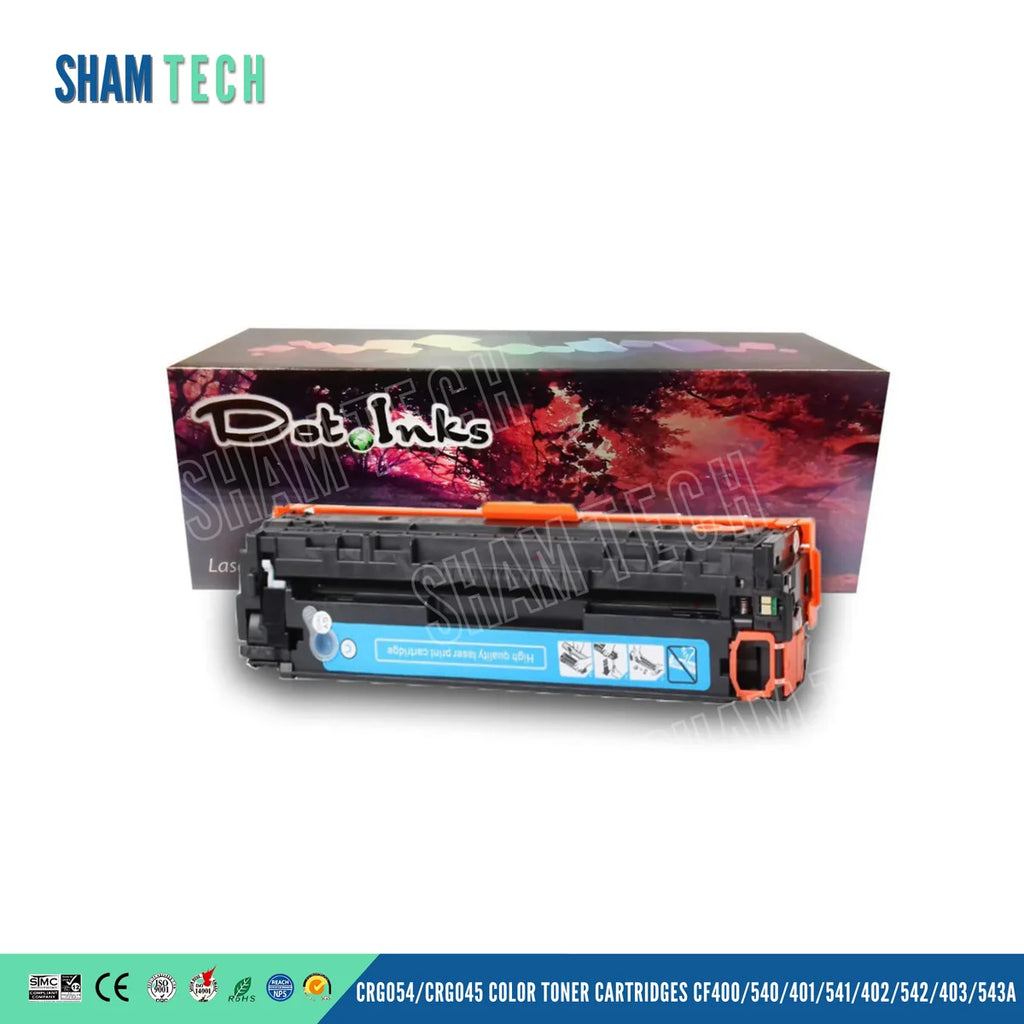 CRG054/CRG045 COLOR TONER CARTRIDGES CF401/541 toner cartridge positioned in front of its retail packaging box. The cartridge has a black body with orange plastic protective accents along the top and sides, and a bright cyan color-indicator label across the front marked "High quality laser print cartridge" alongside diagram icons. The packaging box in the background displays the "Dot Inks" logo over a red-and-purple forest scene. The SHAM TECH brand logo appears in the top-left corner