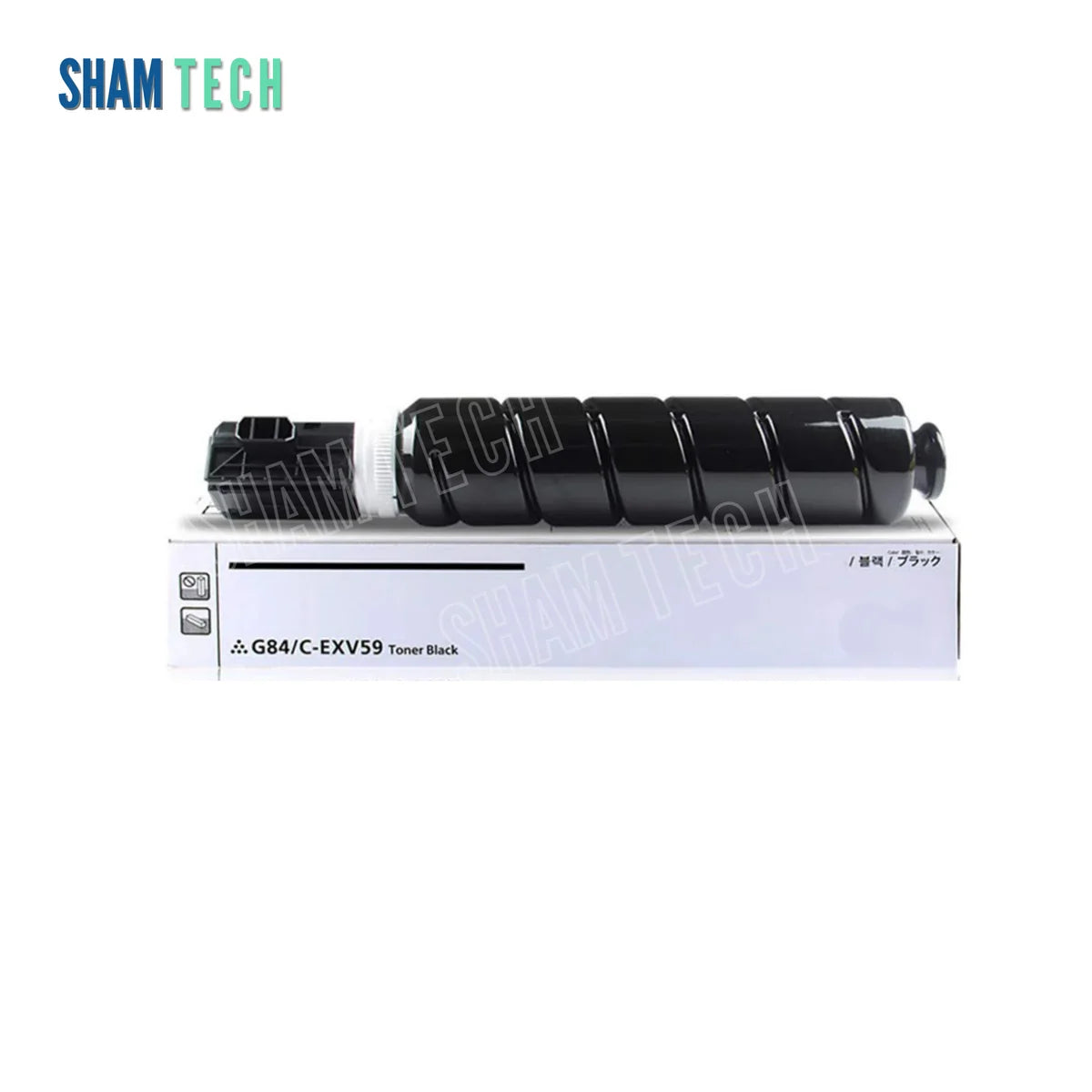 A black toner bottle rests horizontally on top of its white product box is presented on a plain white background; it is labeled with "G84/C-EXV59 Toner Black". The "SHAM TECH" logo appears in the top-left corner, and a large translucent "SHAM TECH" watermark is overlaid across the centre of the image.