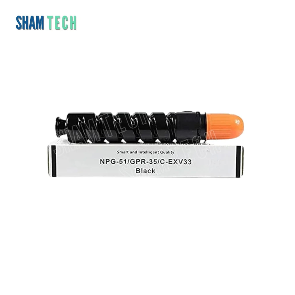 Canon iR2520 Toner (compatible) – C-EXV33/GPR-35/NPG-51 Black Toner Cartridge outside of its packaging sitting on top of the package box on a white background. 