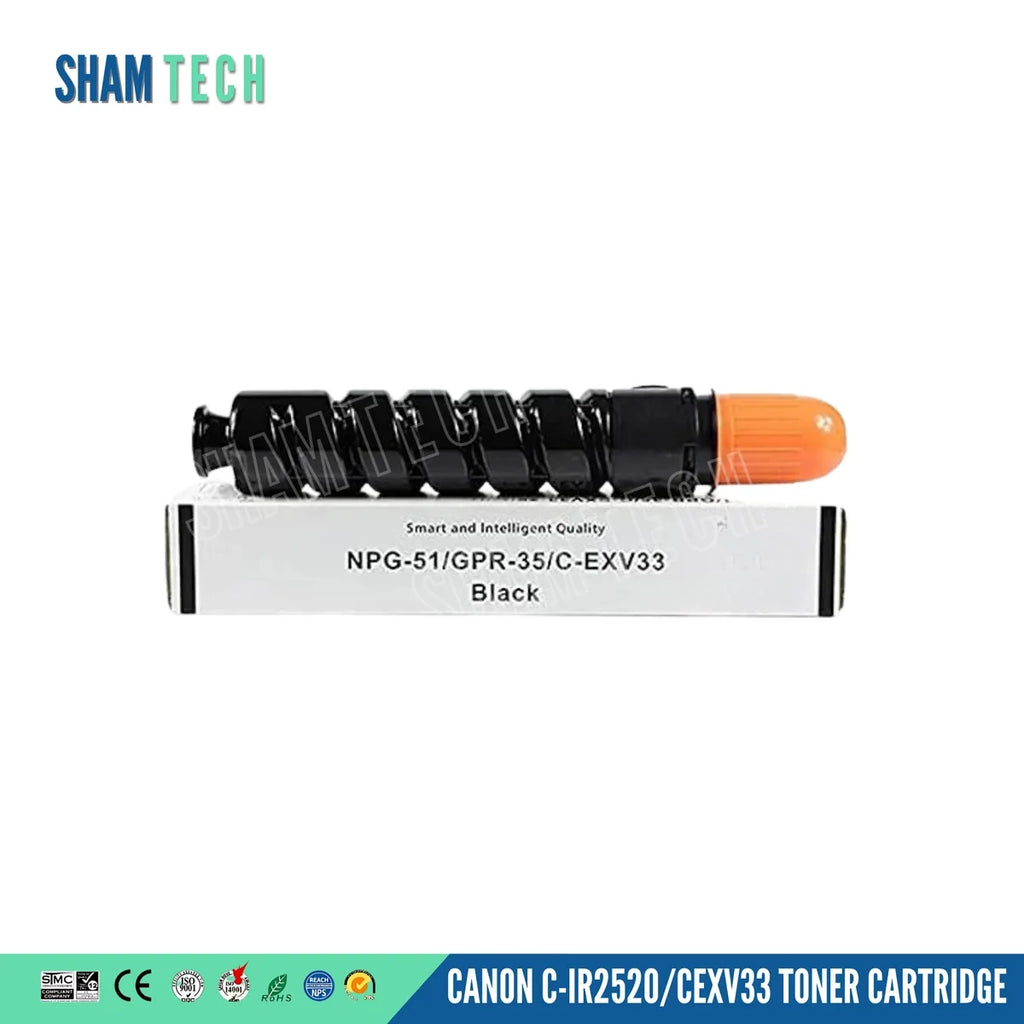 Canon iR2520 Toner (compatible) – C-EXV33/GPR-35/NPG-51 Black Toner Cartridge outside of its packaging sitting on top of the package on a white background. 
