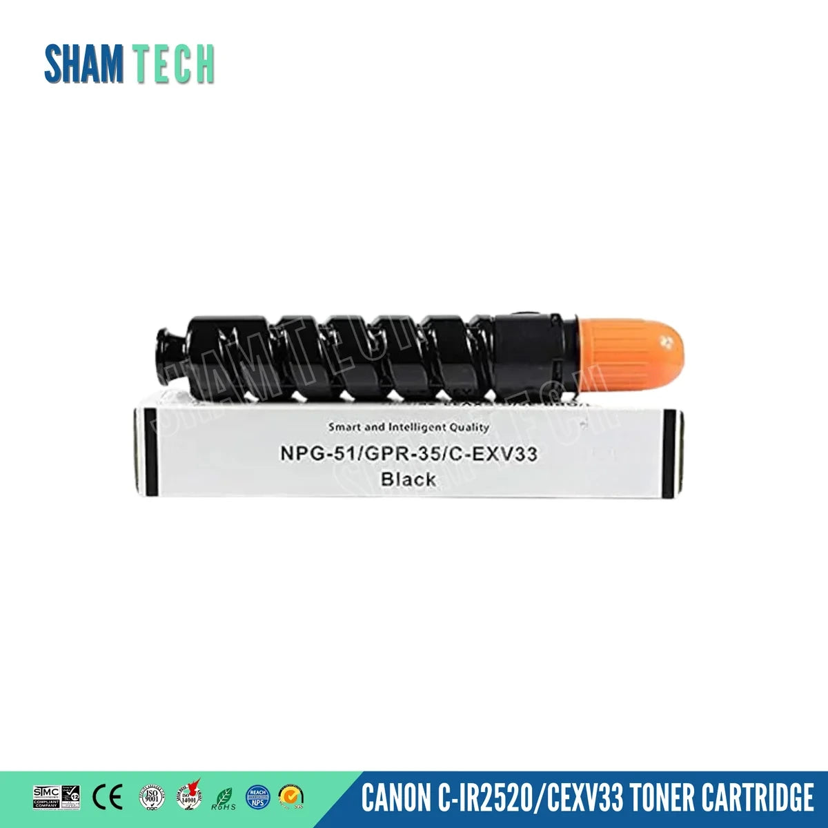 Canon iR2520 Toner (compatible) – C-EXV33/GPR-35/NPG-51 Black Toner Cartridge outside of its packaging sitting on top of the package on a white background. 