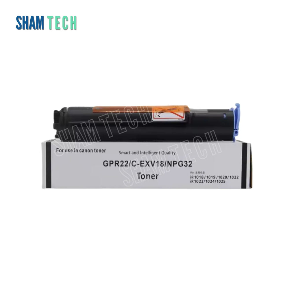 A black toner cartridge rests horizontally on top of its white product box against a plain white background. The box features the text "For use in canon toner", "Smart and Intelligent Quality", "GPR22/C-EXV18/NPG32 Toner", and compatibility details listing "iR 1018/1019/1020/1022 iR 1023/1024/1025". The cartridge itself has an orange safety label across the top and a blue plastic cap or lever on the right side. The "SHAM TECH" logo appears in the top-left corner, and a large translucent "SHAM TECH" watermar