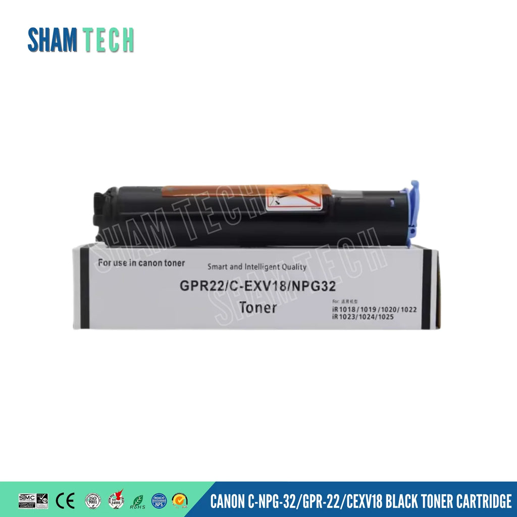 A black toner cartridge rests horizontally on top of its white product box against a white background. The box is printed with "For use in canon toner", "Smart and Intelligent Quality", "GPR22/C-EXV18/NPG32 Toner", and compatibility details for models "iR 1018/1019/1020/1022" and "iR 1023/1024/1025". The cartridge features an orange protective tape strip on top and a blue plastic component on the right end. The top-left corner displays the "SHAM TECH" logo, a large translucent "SHAM TECH" watermark is overl