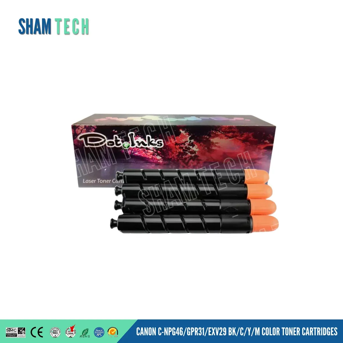 Canon C-NPG46 / GPR31 / EXV29 BK/C/Y/M Color Toner Cartridges. Against a clean white background featuring the SHAM TECH logo in the upper-left corner, four black cylindrical toner bottles with distinct orange protective end caps are stacked horizontally in the foreground, resting in front of a matching Dot Inks retail box displaying an autumn canopy graphic. A turquoise banner along the bottom showcases various quality and compliance certification icons on the left, alongside bold white typography reading "