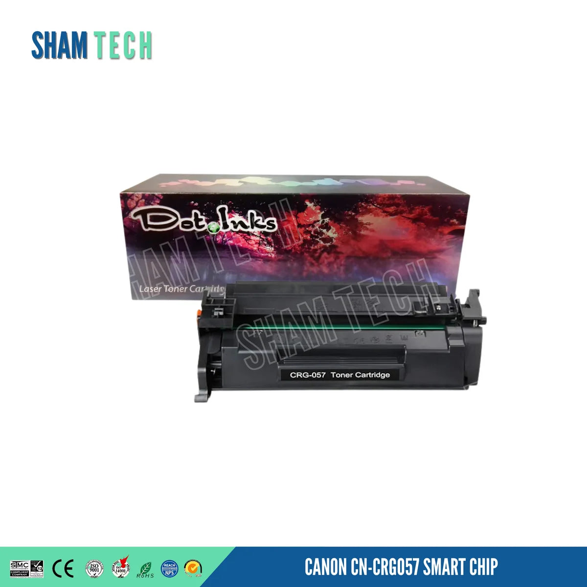 A black laser toner cartridge is displayed horizontally in front of its product box against a white background. The front of the cartridge features a black label printed with the text "CRG-057 Toner Cartridge". The product box behind it features a colorful, abstract graphic design with the brand name "Dot Inks" and the text "Laser Toner Cartridge", and a bottom banner displays various compliance and certification logos alongside the text "CANON CN-CRG057 SMART CHIP".