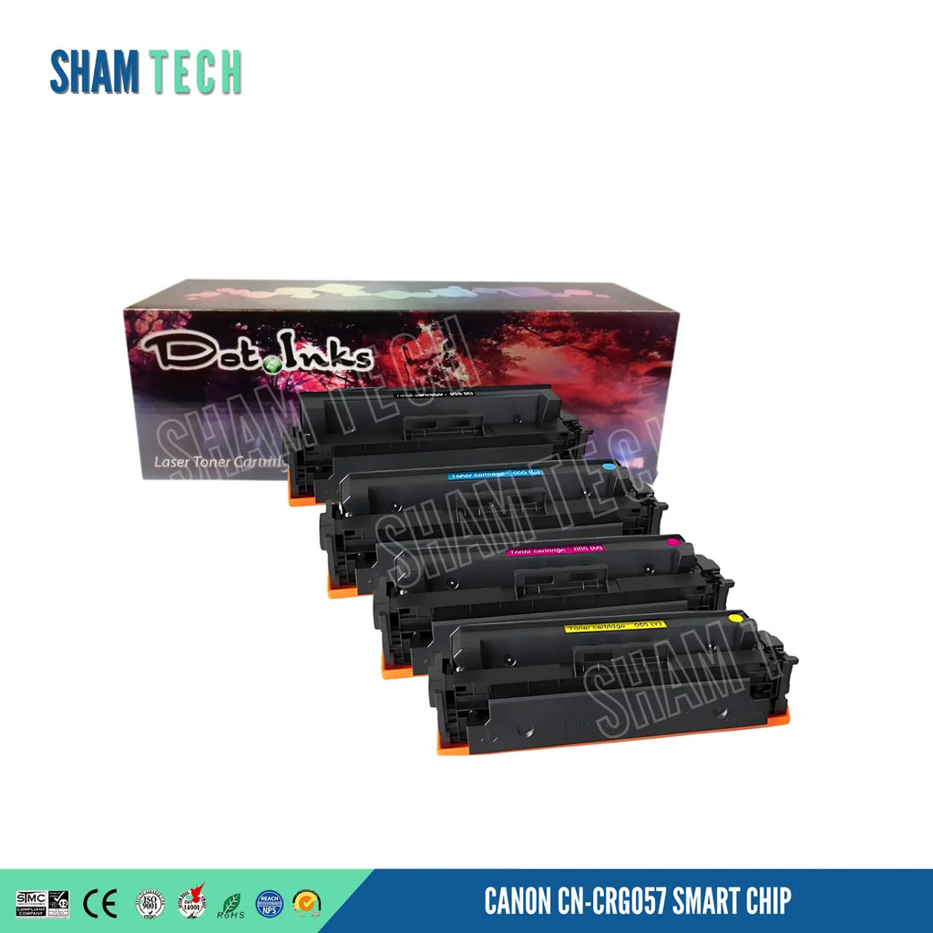 A set of four color laser toner cartridges is displayed in a stepped, cascading arrangement in front of a product box featuring a colorful "Dot Inks" graphic design. The cartridges feature color-coded label tags on top for black, cyan, magenta, and yellow, with orange protective covers on their bases. and a bottom banner displays compliance certification icons alongside the text "CANON CN-CRG057 SMART CHIP".